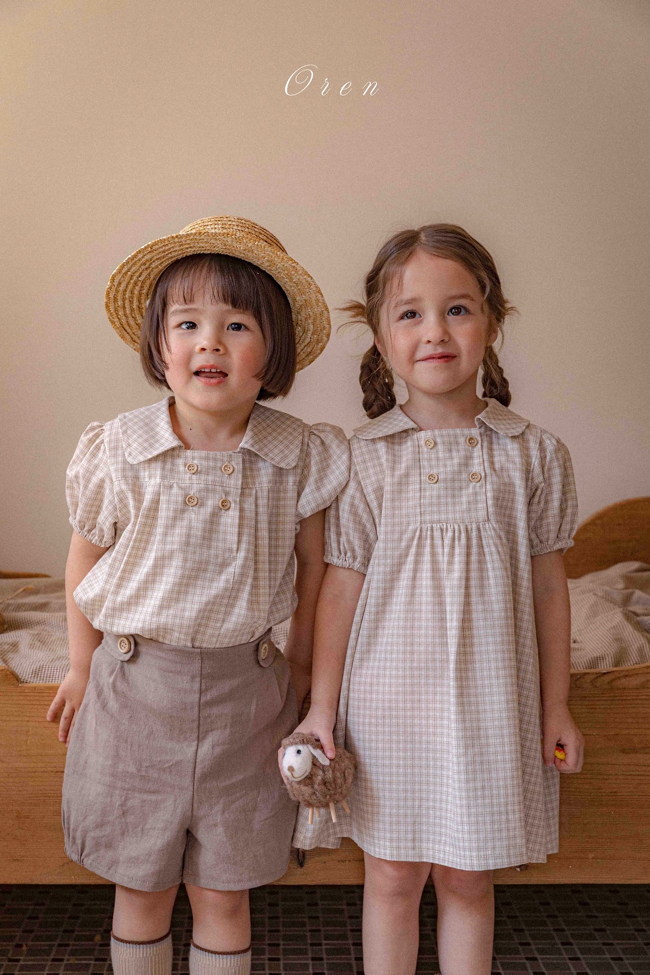 ☀️預訂 韓國直送☀️🇰🇷Oren 雙排鈕扣格紋翻領短袖包屁衣/連身裙/上下套裝