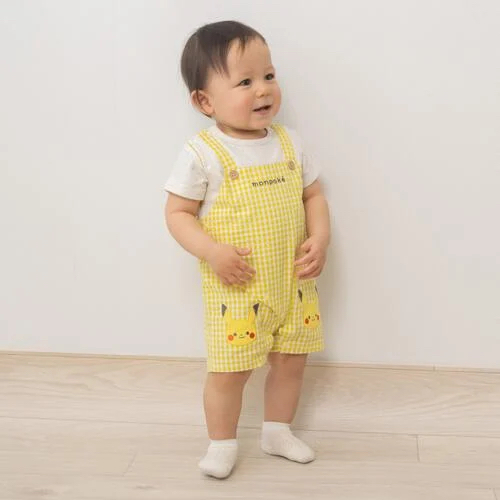 🇯🇵預訂 日本直送🇯🇵Monpoke比卡超刺繡貼花黃色格紋吊帶短袖連身服
