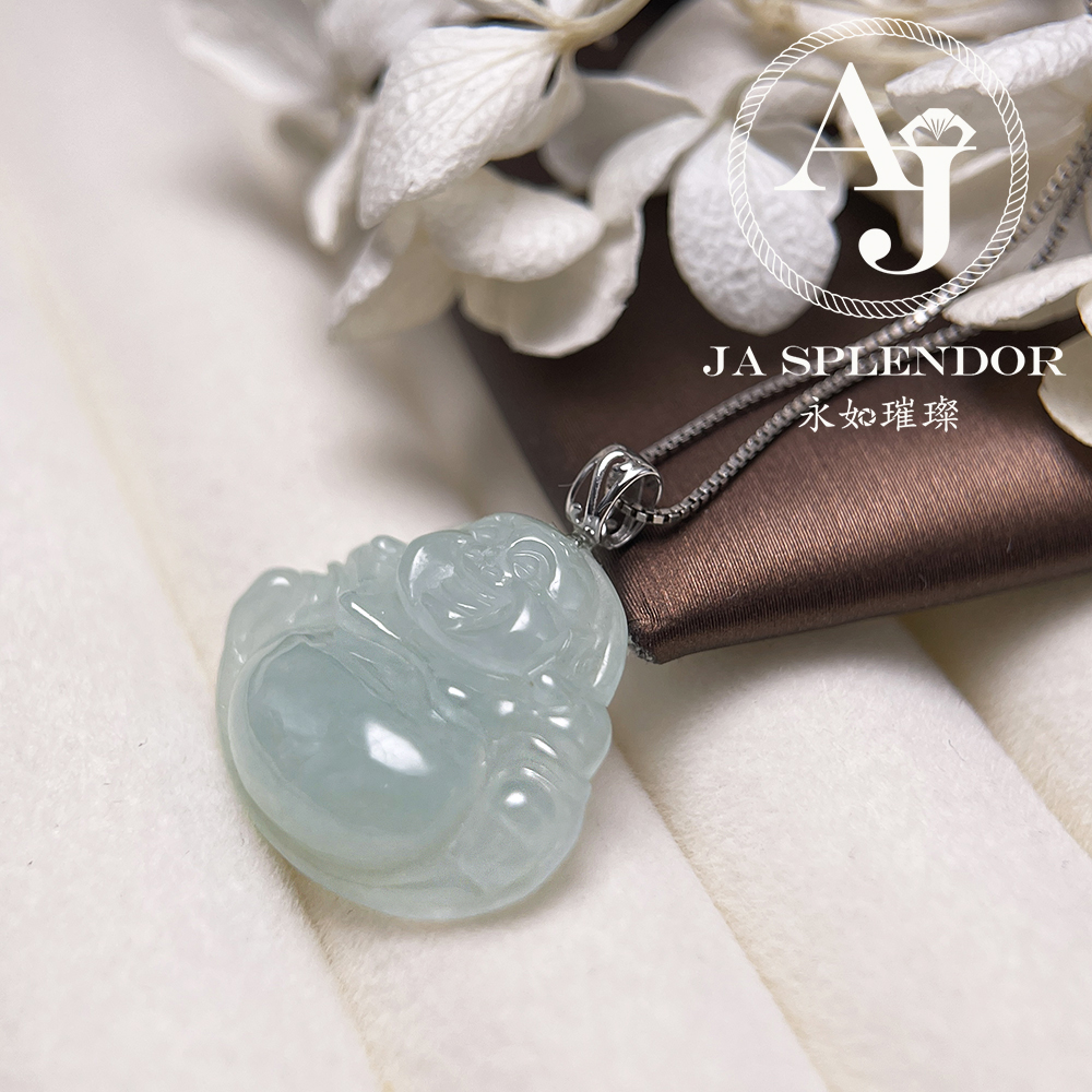 JNK-360 天然翡翠A玉 冰種晴綠笑佛/佛公18K金吊墜(法師加持)