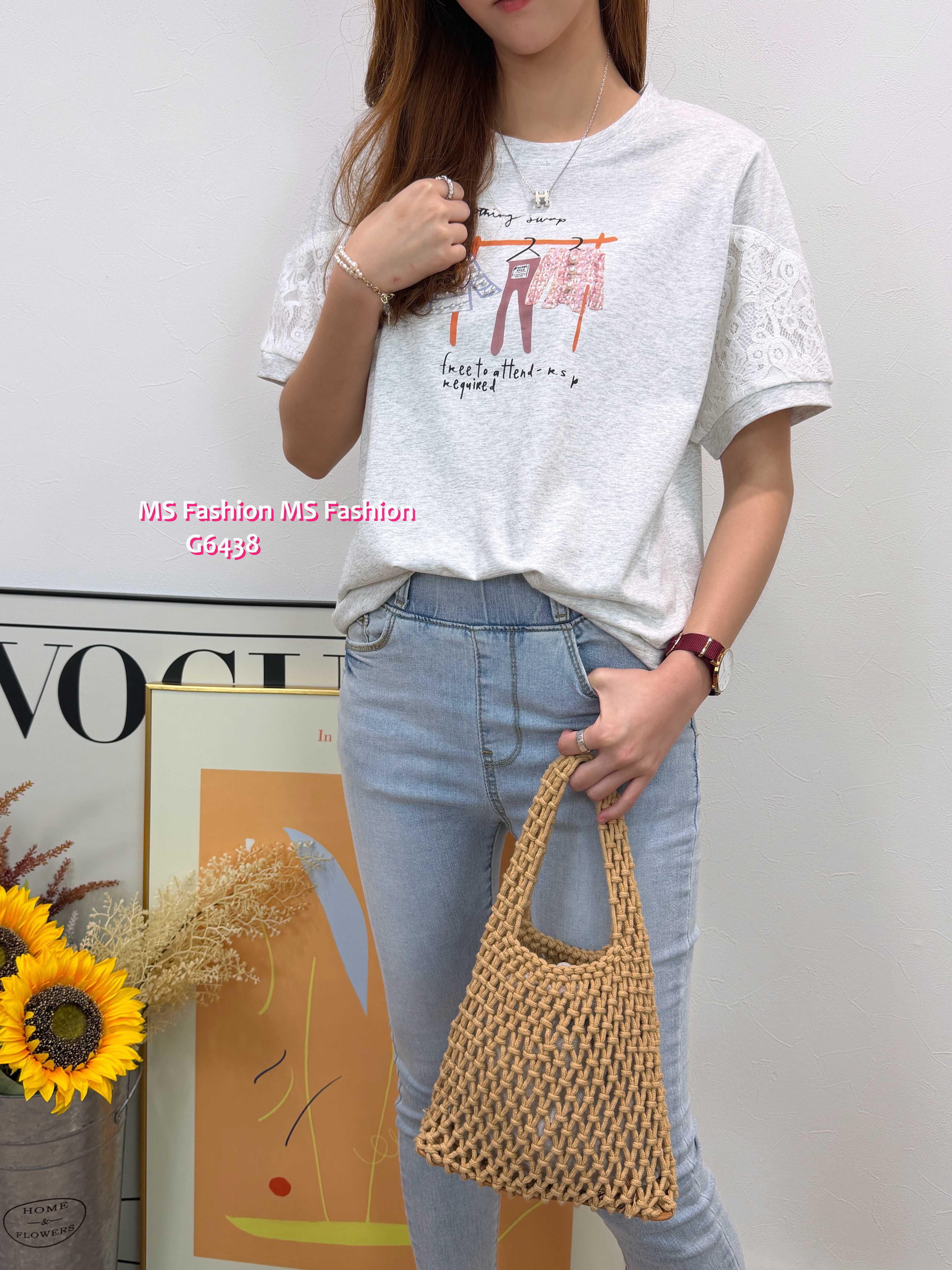 G6438 靚print lace袖top