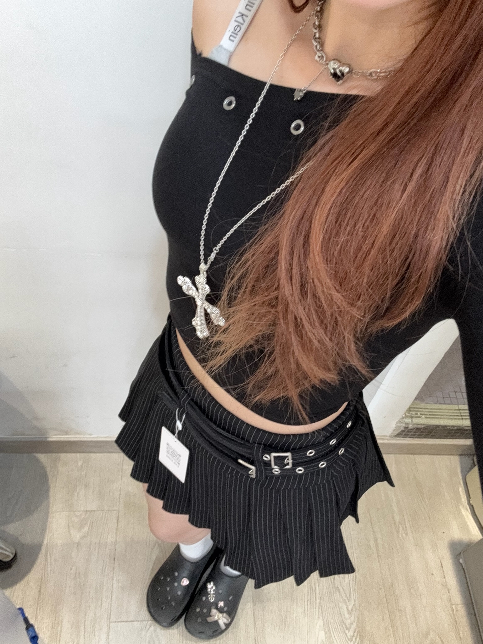 韓國直條間雙扣皮帶百褶裙