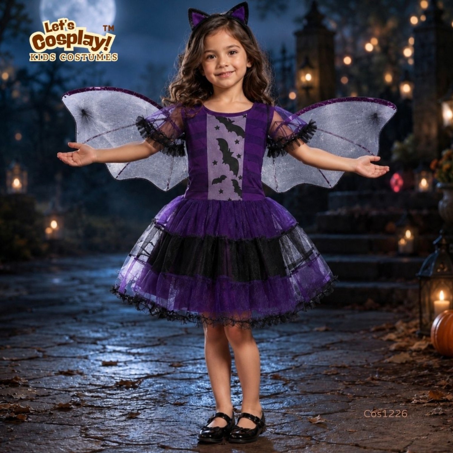 兒童萬聖節蝙蝠主題服裝 紫黑蝙蝠裙 Kids Bat Costume