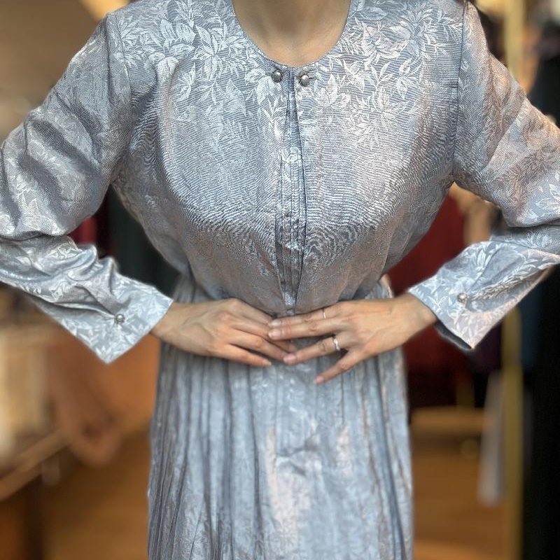 Vintage Bluish Grey Shiny Foliage Pattern Pleated Day & Night Dress (PP001-33)