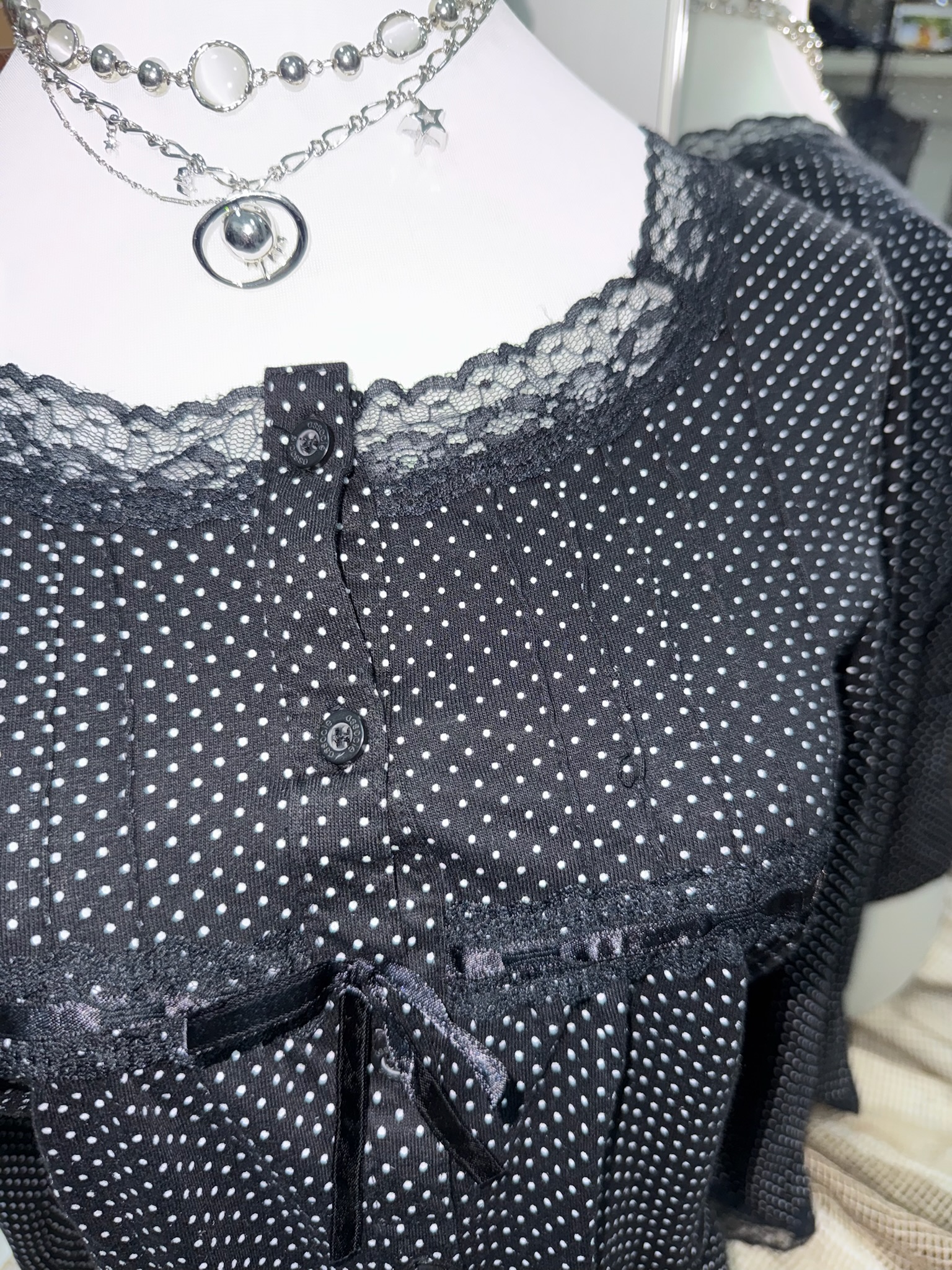 Polka Dot Square Neck Lace Patchwork Top with Bows