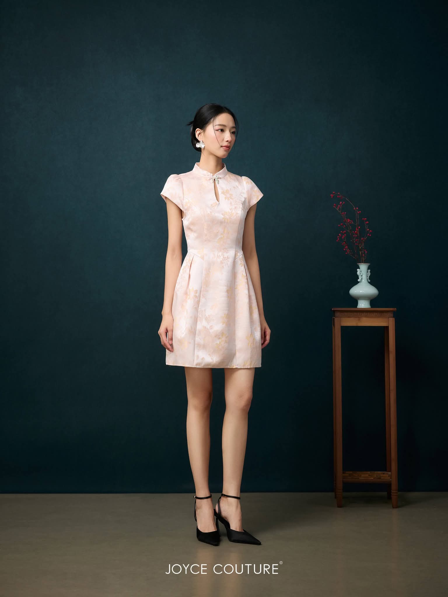 露背自带胸垫旗袍连身裙 D0364