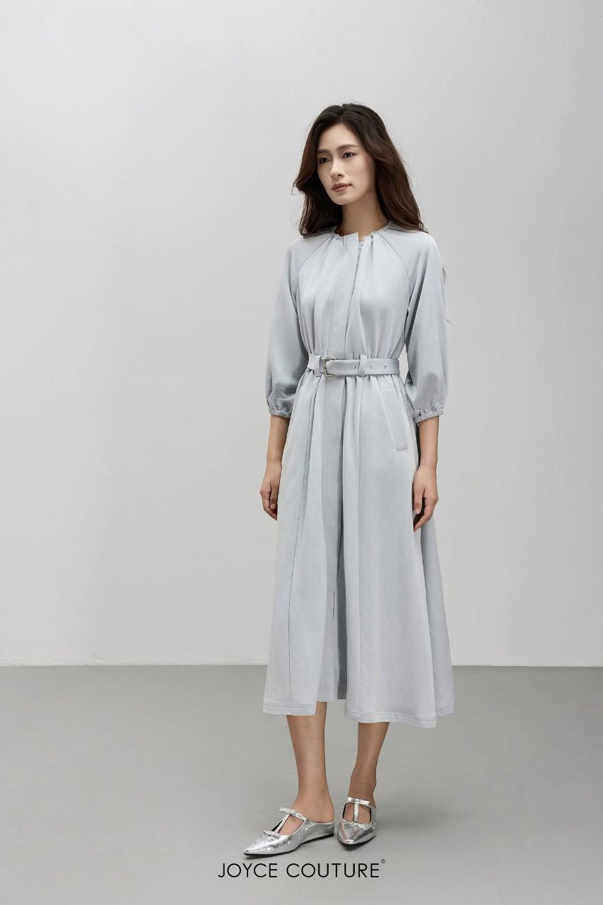 松紧褶领口中长连身裙 D0335