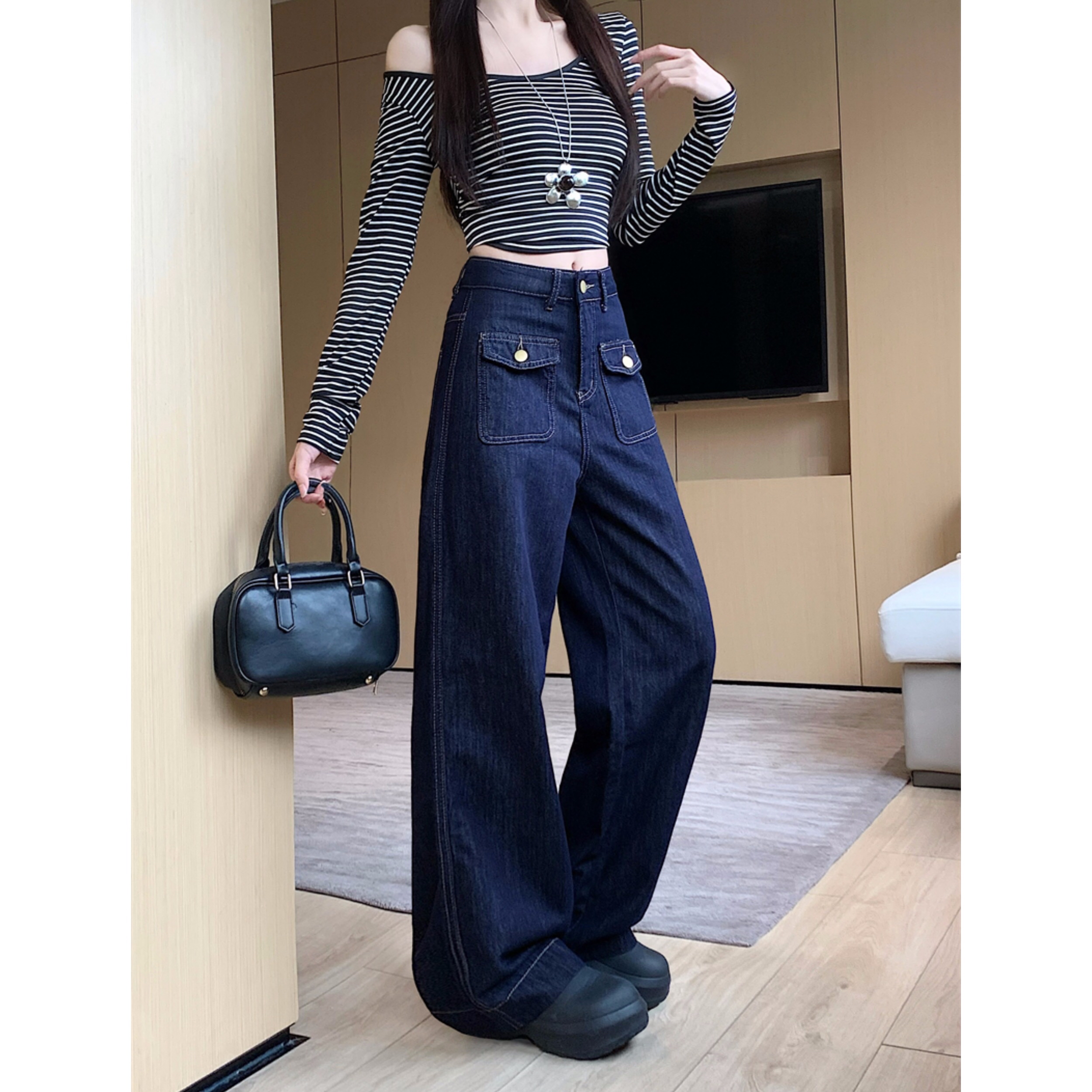 B126(5003) 韩版JEANS单钮双翻盖单钮口袋蓝直筒长裤