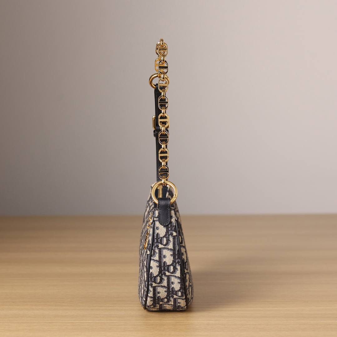 CD LOUNGE 手袋蓝色 Oblique 印花👜✨ 独家渠道货 独家腋下包老花 尺寸：26 x 15 x 5.5 厘米 这款 CD Lounge 手袋是2023夏季新品，彰显 Dior 的现代审美与高订风范。 采用蓝色 Oblique 印花面料精心制作，突显 Dior 经典图案。 经典链条与皮革搭配，交替饰以金色饰面金属和同色调珐琅链环，可折叠设计，可肩背或手提。 拉链开合搭配 CD 拉链头 可调节肩带，链条部分由金色饰面金属和与皮革同色调的珐琅 CD 链环组成，搭配皮革带 内含防尘袋