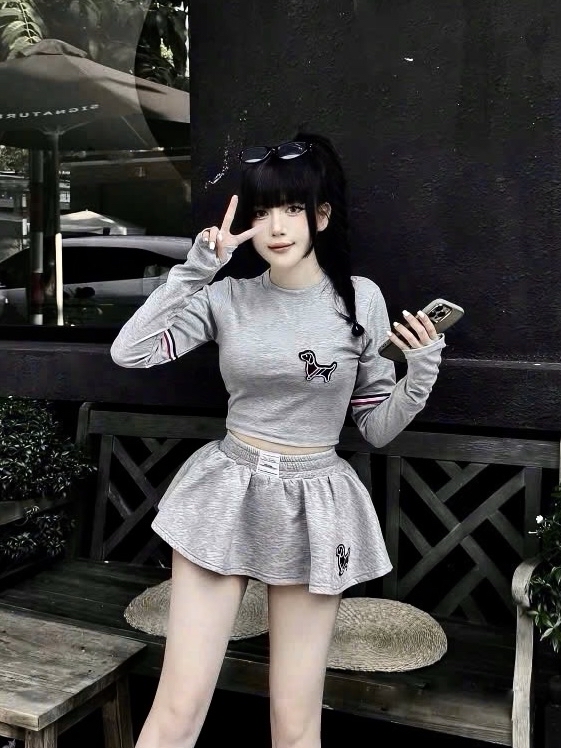 露臍上衣+高腰裤裙两件套