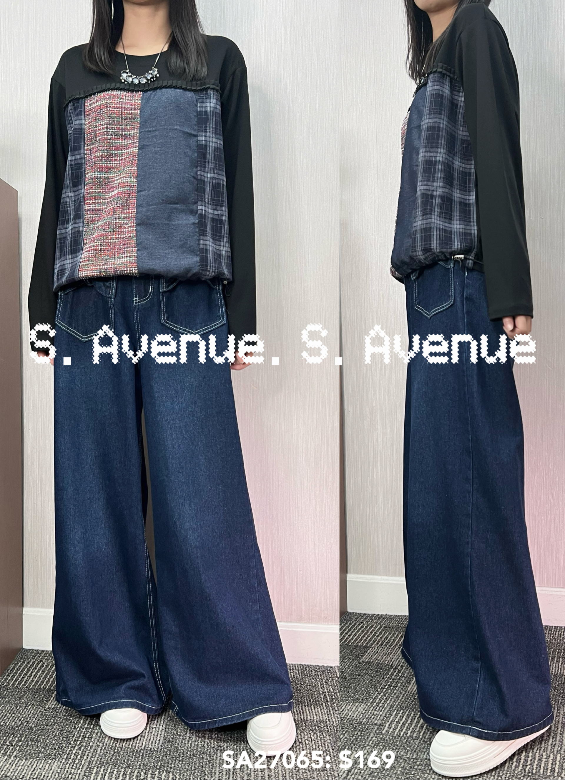 SA27065: 長袖拼格仔拼牛仔布top