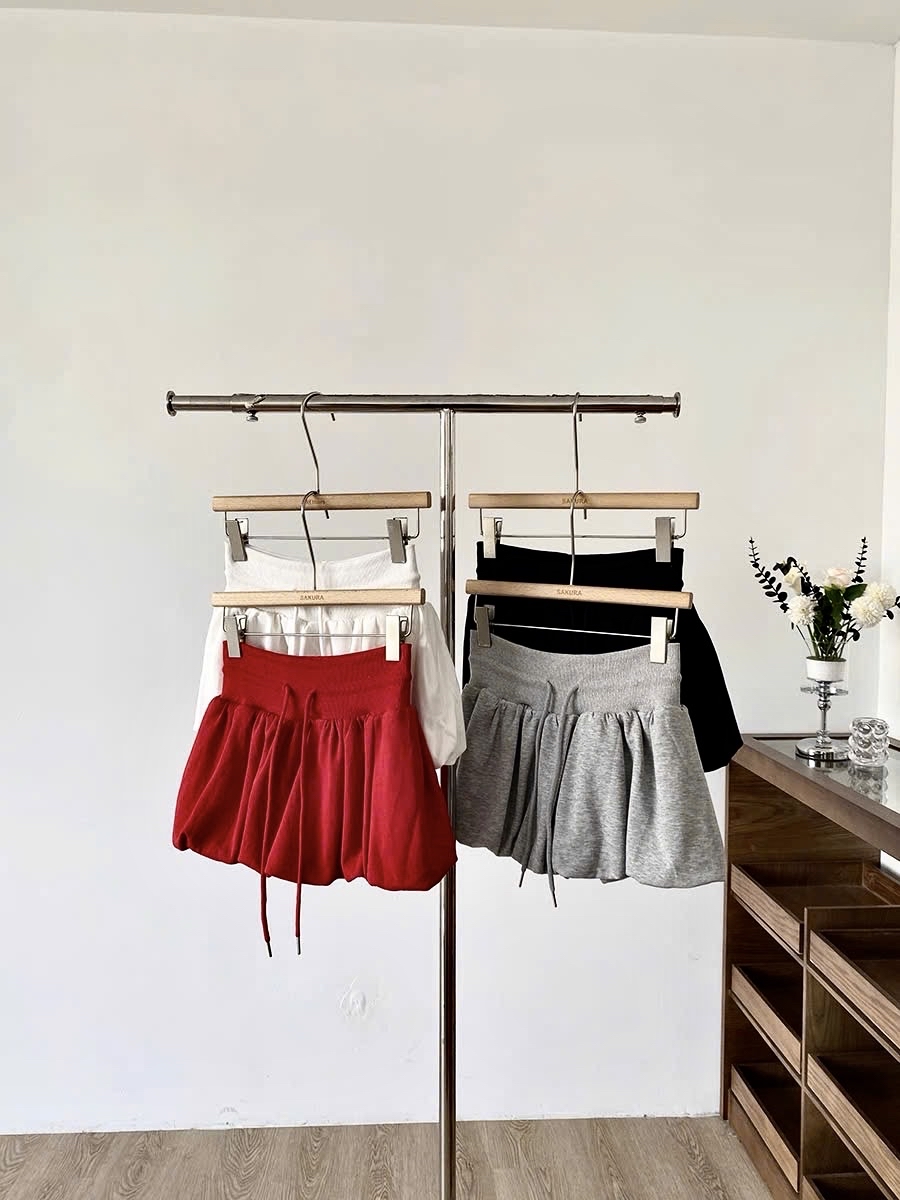 韩版甜美百搭简约松紧高腰红色花苞防走光a字半身裙