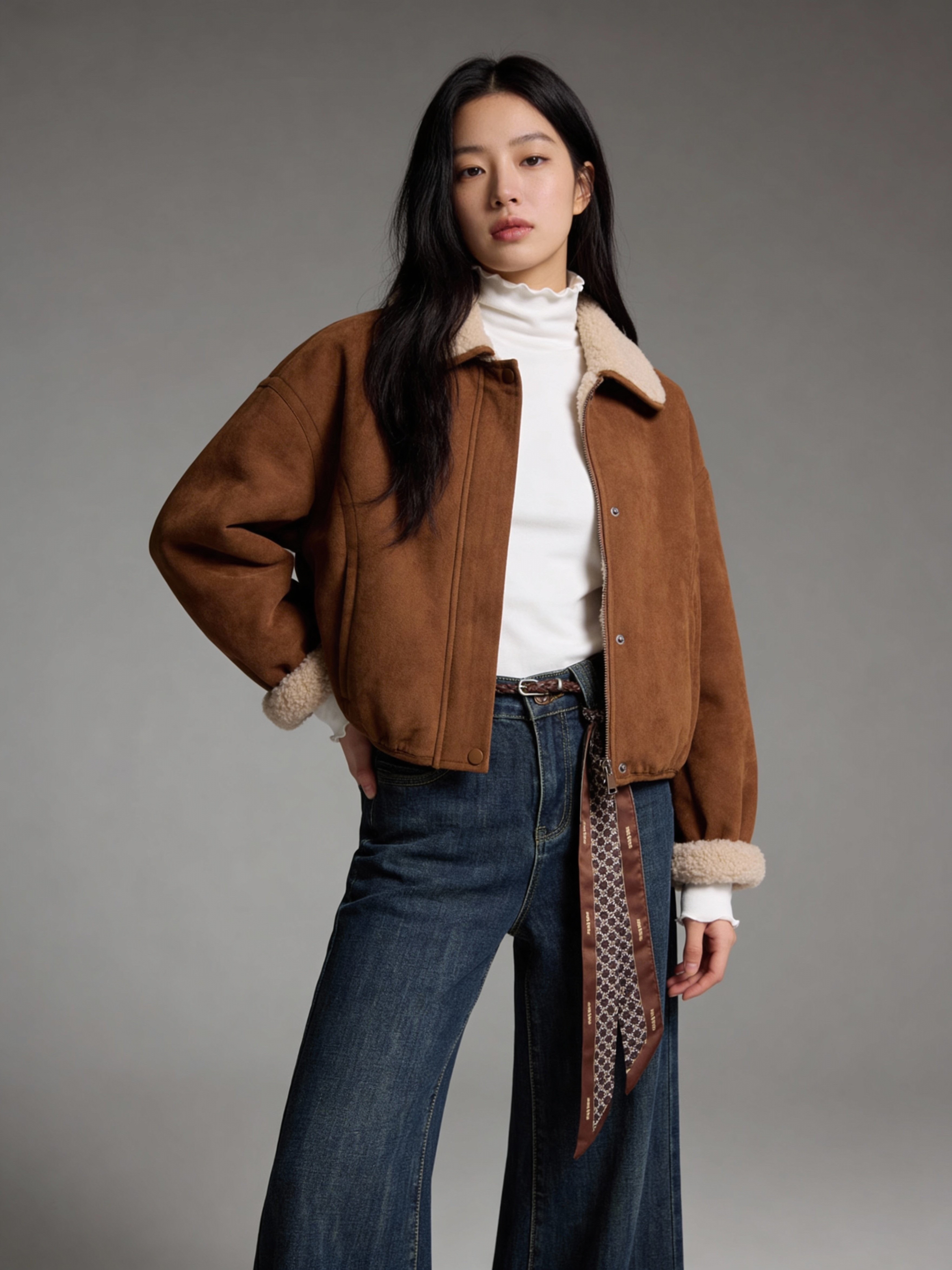 3233暖棕麂皮毛領 Bomber 短夾克