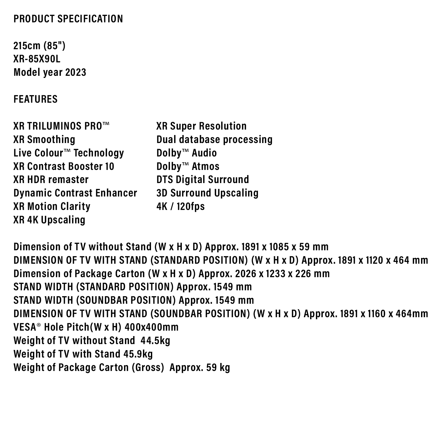 Sony 85" BRAVIA XR Full Array LED 4K Google TV (XR-85X90L)