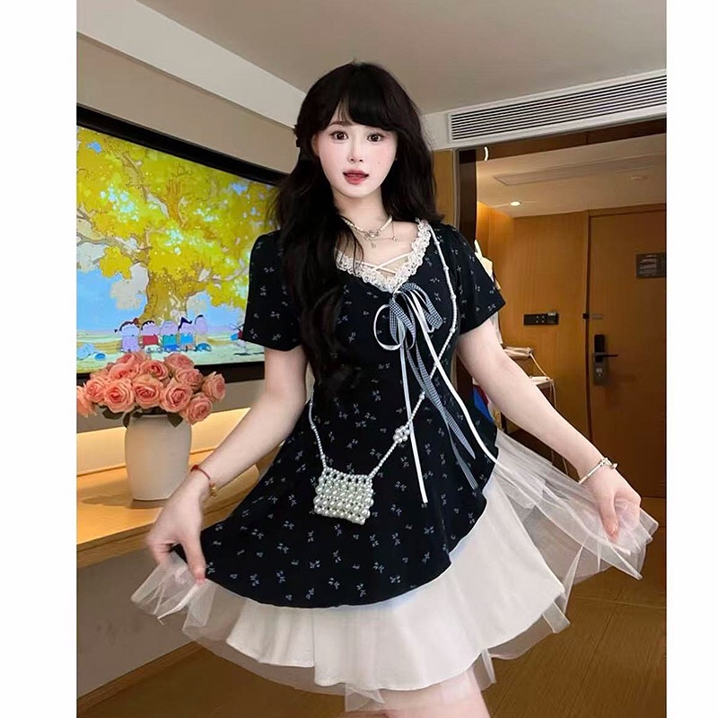 B221(11560长) 长款法式气质碎花拼下摆斜雪纺纱黑蓝连身裙