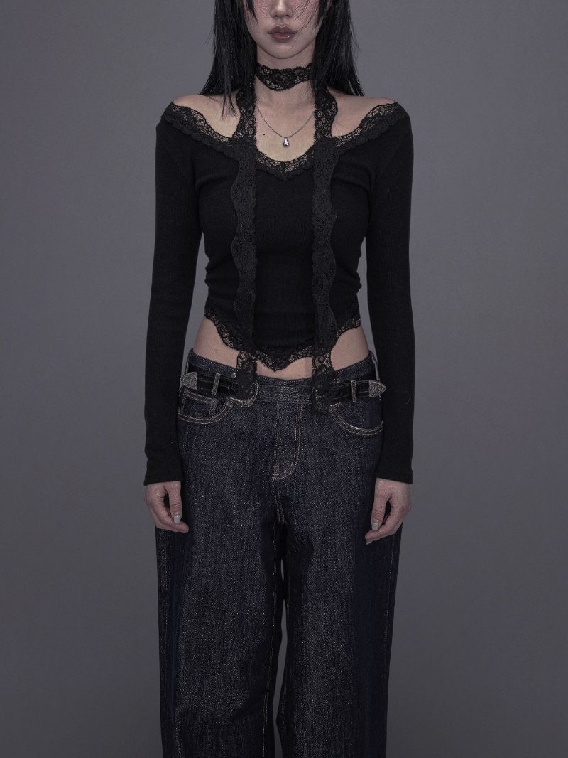 Lace V-Neck Top and Scarf Set