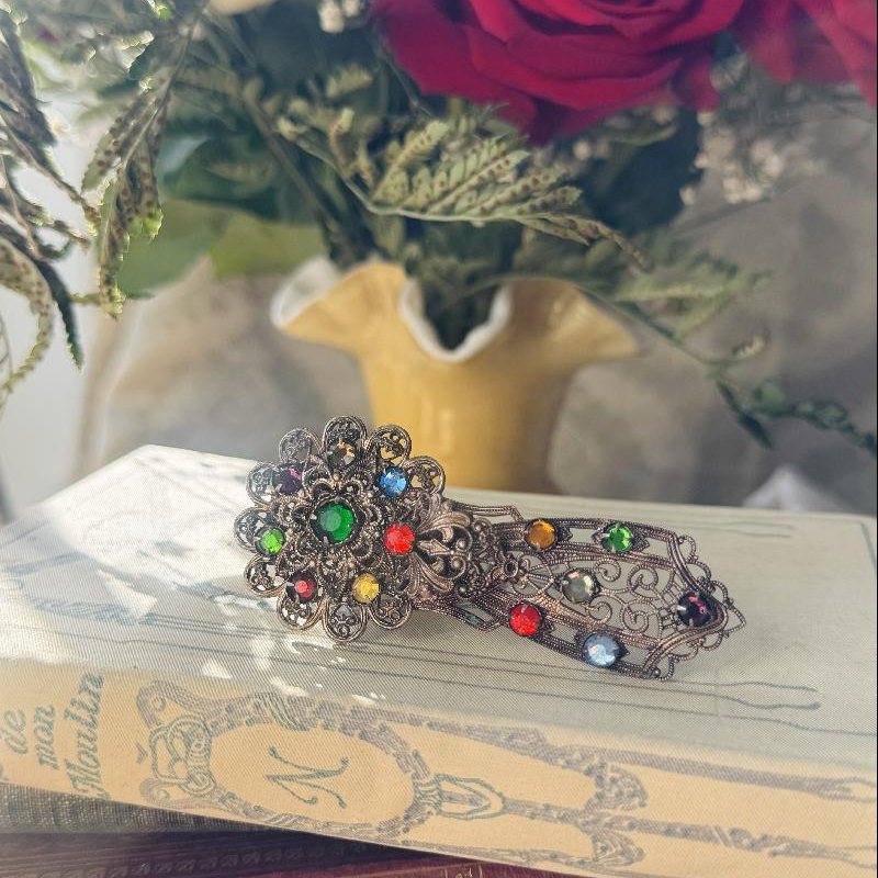 Antique Early 1900s Stamped "Czechoslovakian" Colourful Bohemian Bronze Filigree Dress Clip(NZ089)