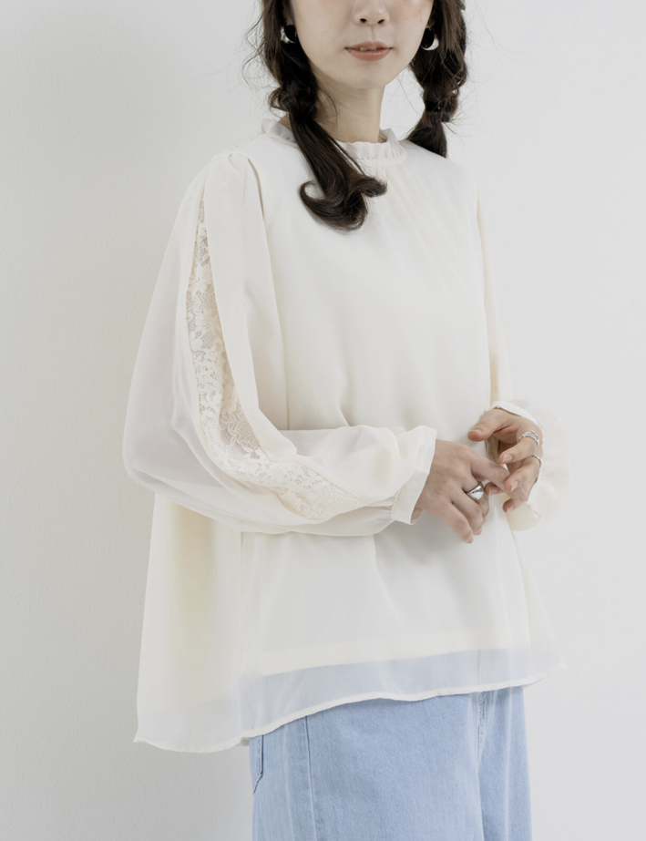 袖花紋蕾絲開衩襯衫 - 2026 流行穿搭  蕾絲襯衫 春夏時尚穿搭 柔軟舒適 成人休閒 日常穿搭 易於配搭 日本直送   #JP-I-260013