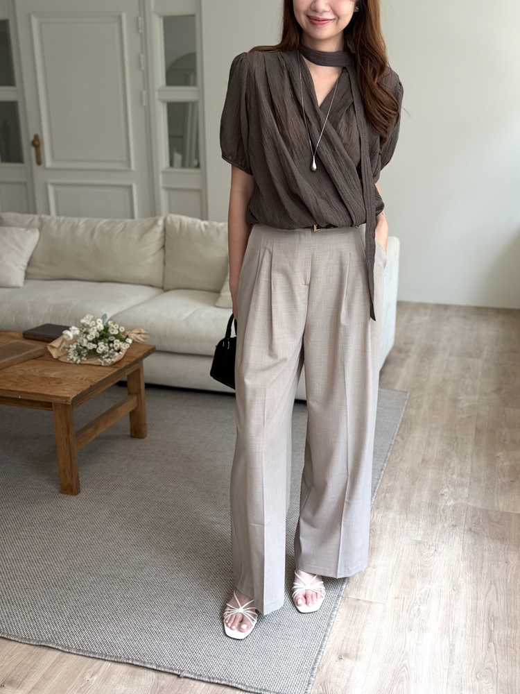 Louise Wrap Blouse with Tie (Brown)