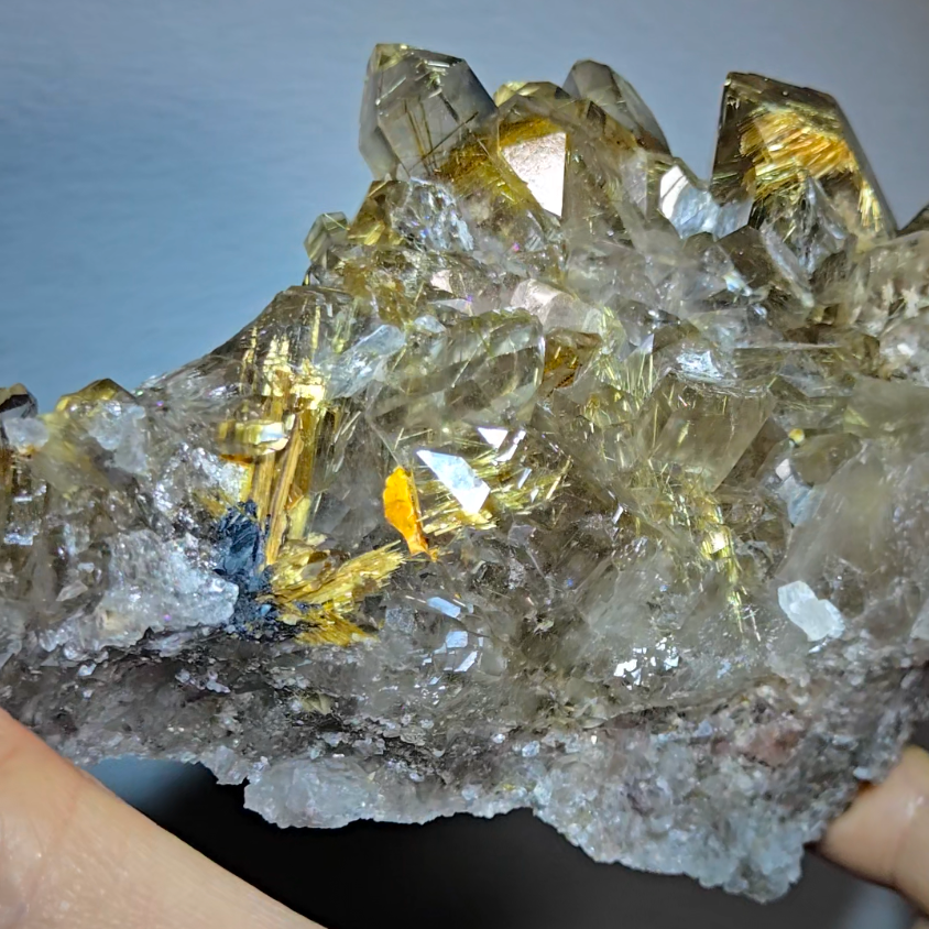 High-grade golden starburst rutiles on black hematite in quartz - RT1434