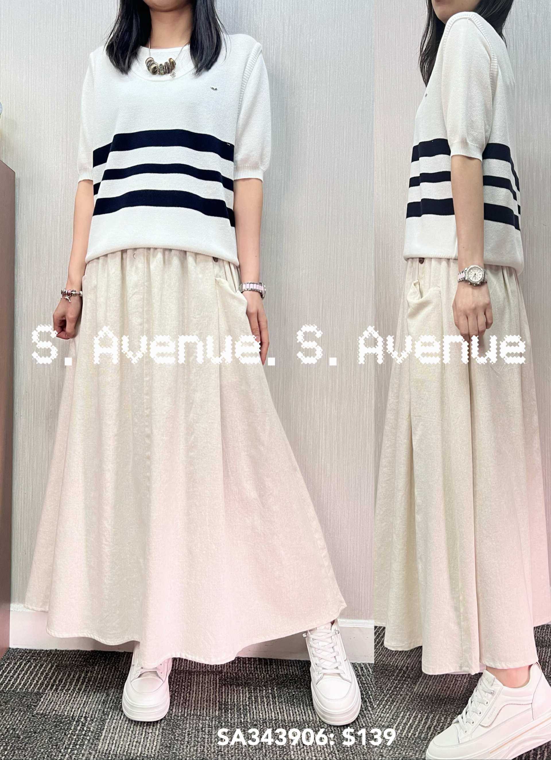 SA343906: 短袖間條假兩件線top