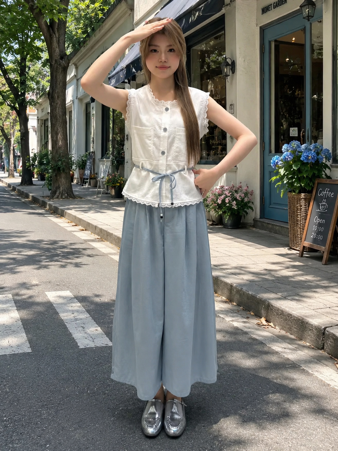 A150772 Lace Sleeveless Top & Wide Leg Pants Set