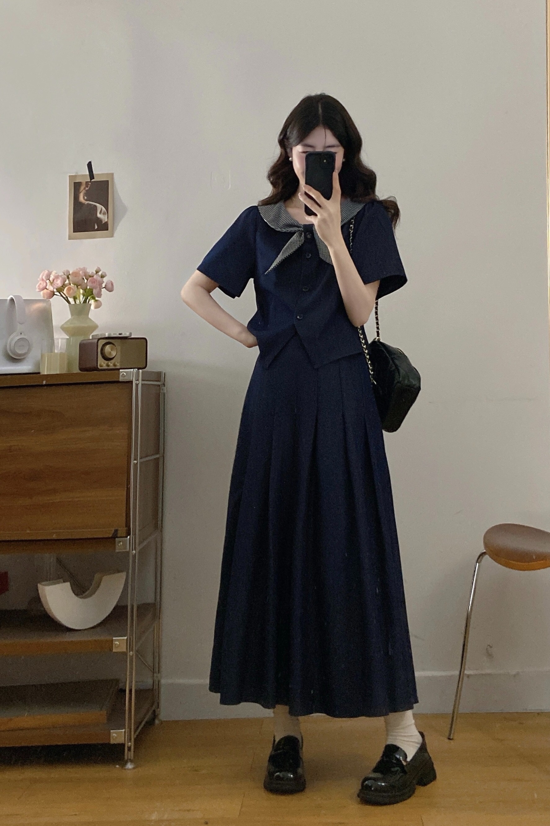 B237(3116) 韩系冰丝JEANS气质拼接格纹娃娃领上衣与百褶长裙蓝套装