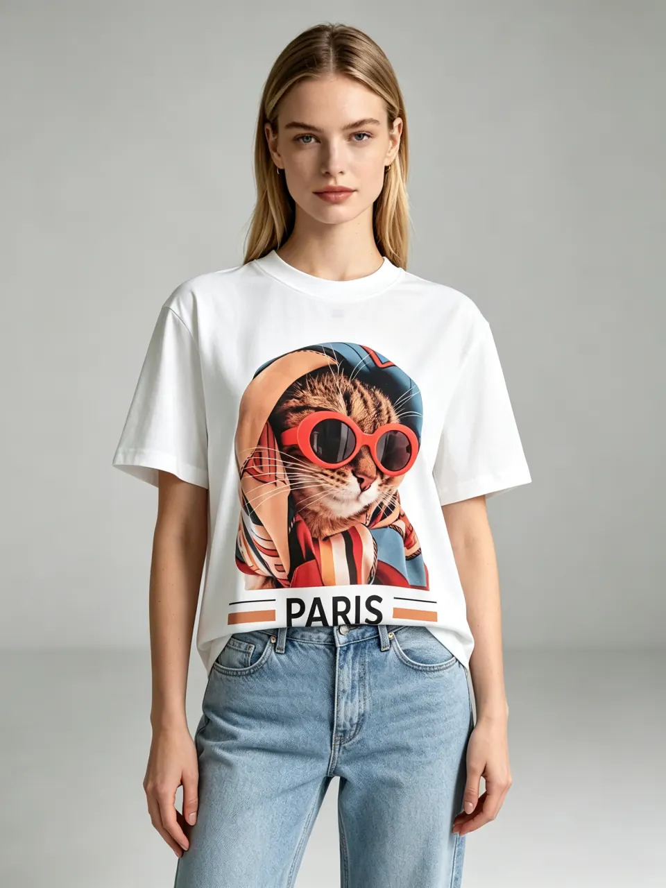 [訂購］M023 Red Sunglass Scarf Fashion Cat Tee
