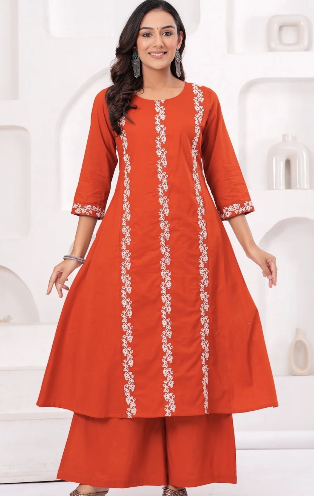 Orange A-Line cotton Kurta set