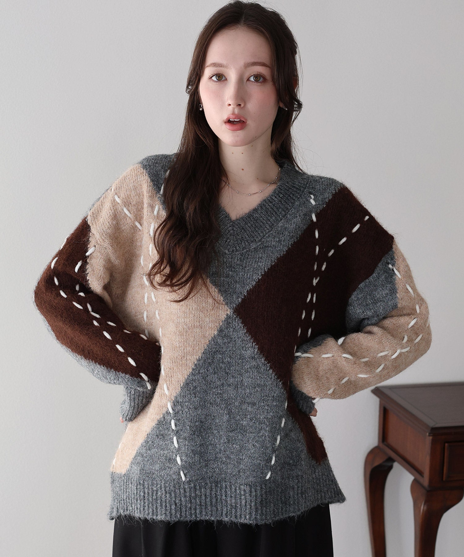 <限量現貨><JP> 店主自留！糯米糍～菱格縫線寬鬆Knit Top * 2色入