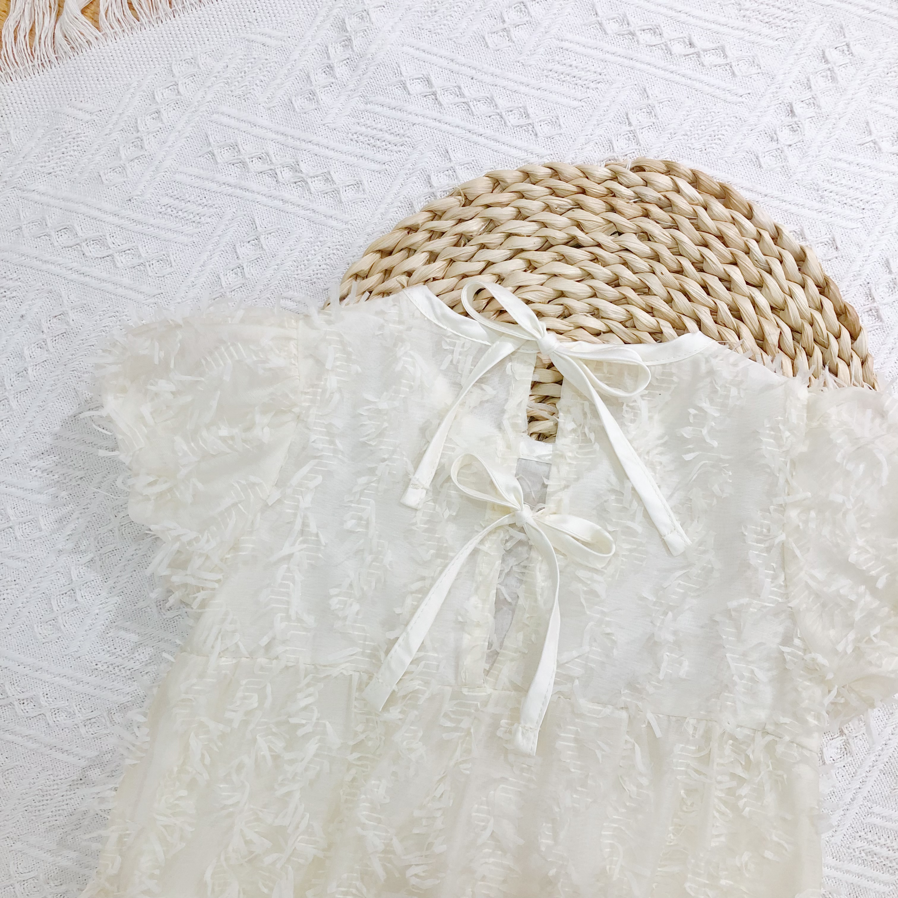 White Lace Baby Romper with Puff Sleeves
