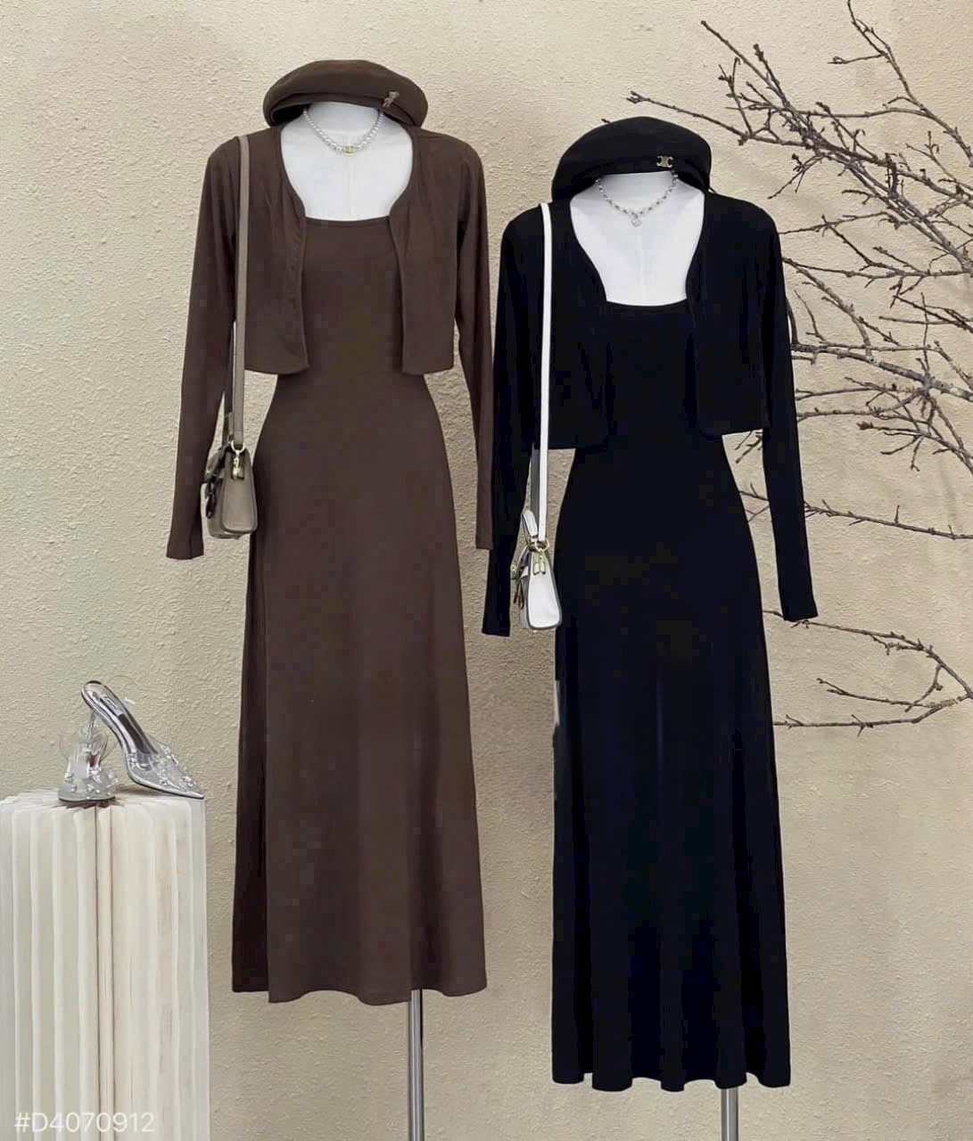 针织紧身连衣长裙两件套女