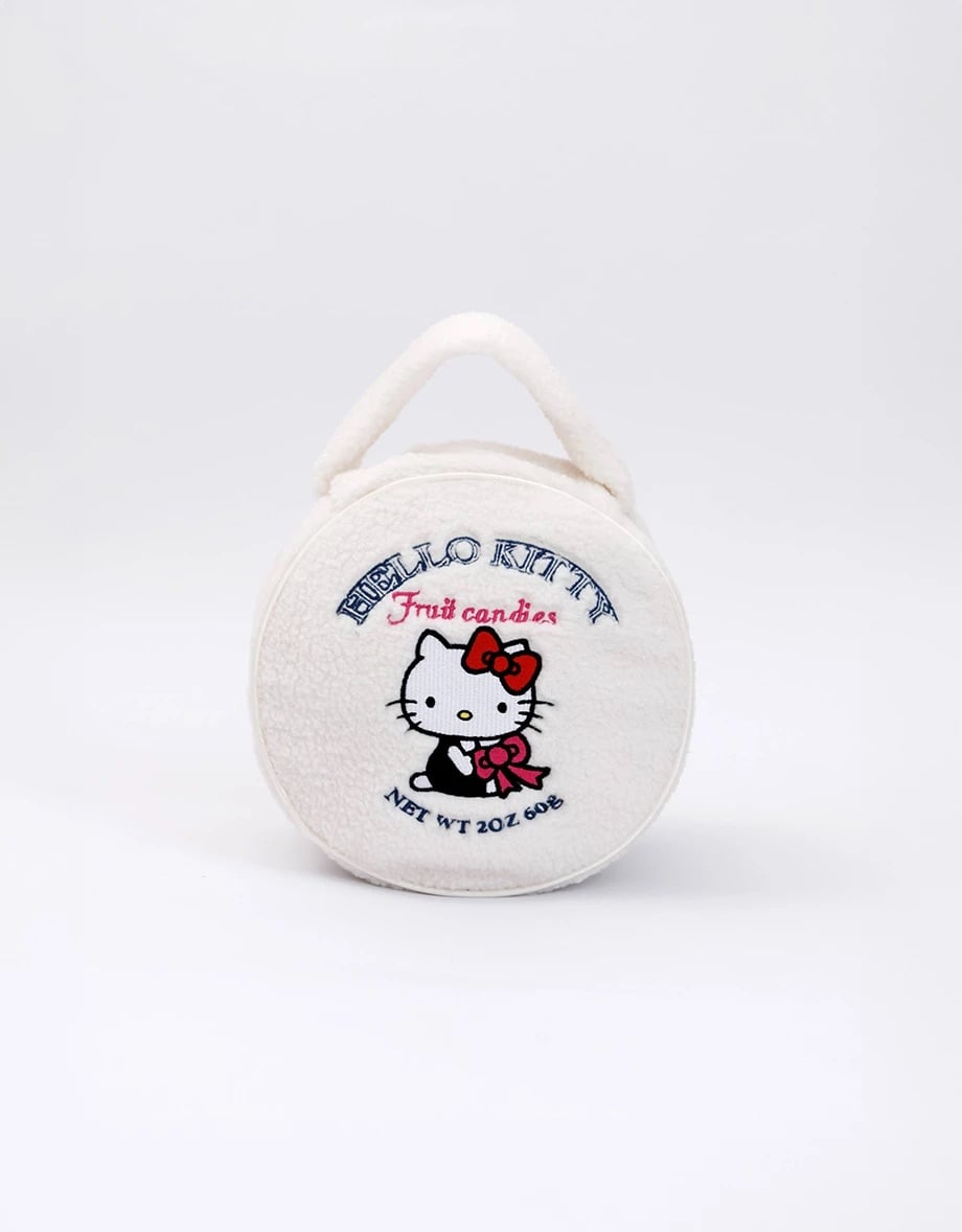 📦訂購 台灣限定 三麗鷗 Sanrio Hello Kitty聯名 刺繡圖案羊羔毛手提圓型化妝包