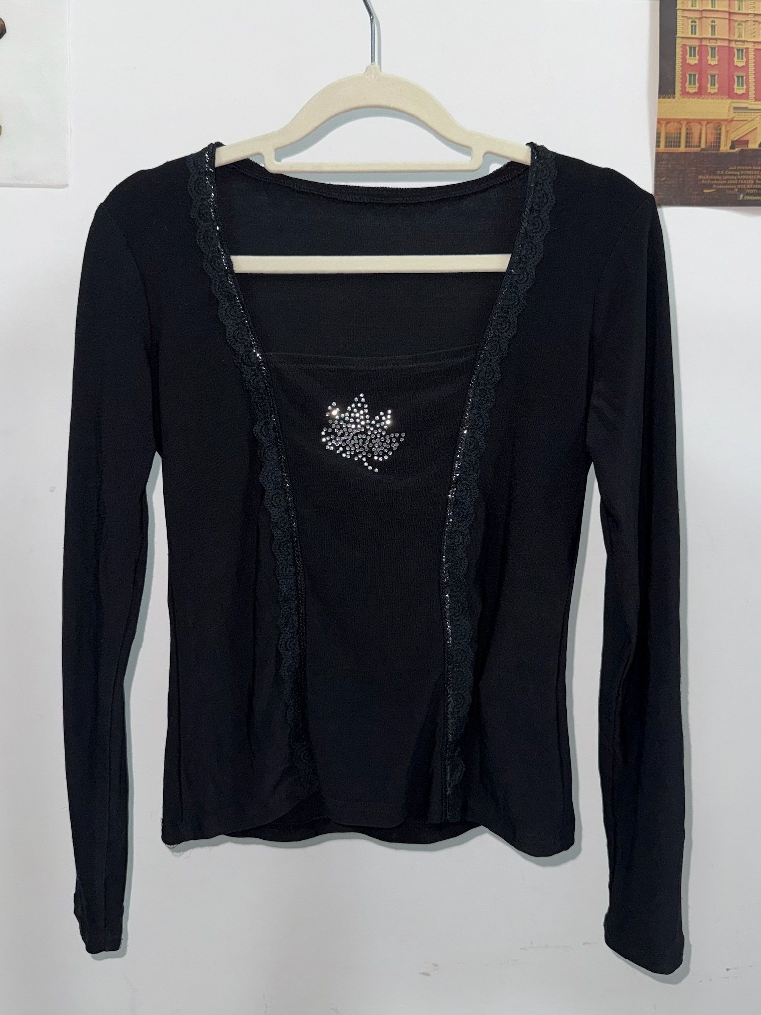 Black False Two-Piece Top with Rhinestone Leaf Motifs