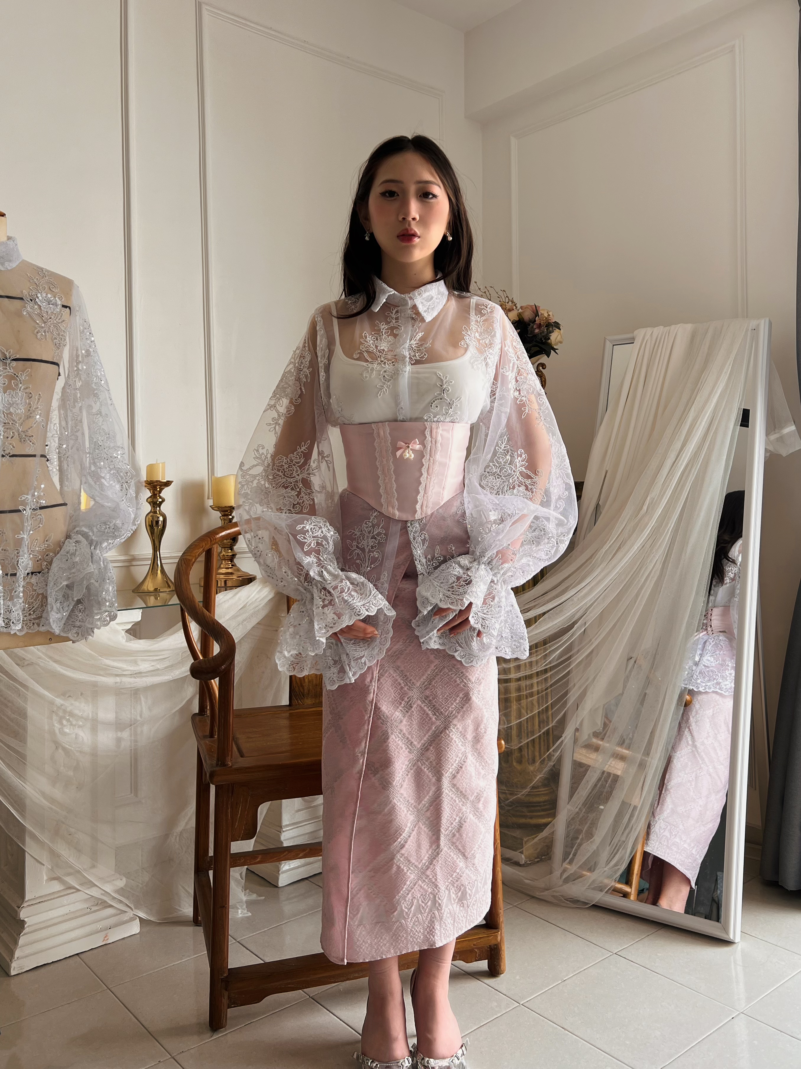 Songket Underbust Corset and Pareo Skirt in Baby Pink with Angel Blouse in True White