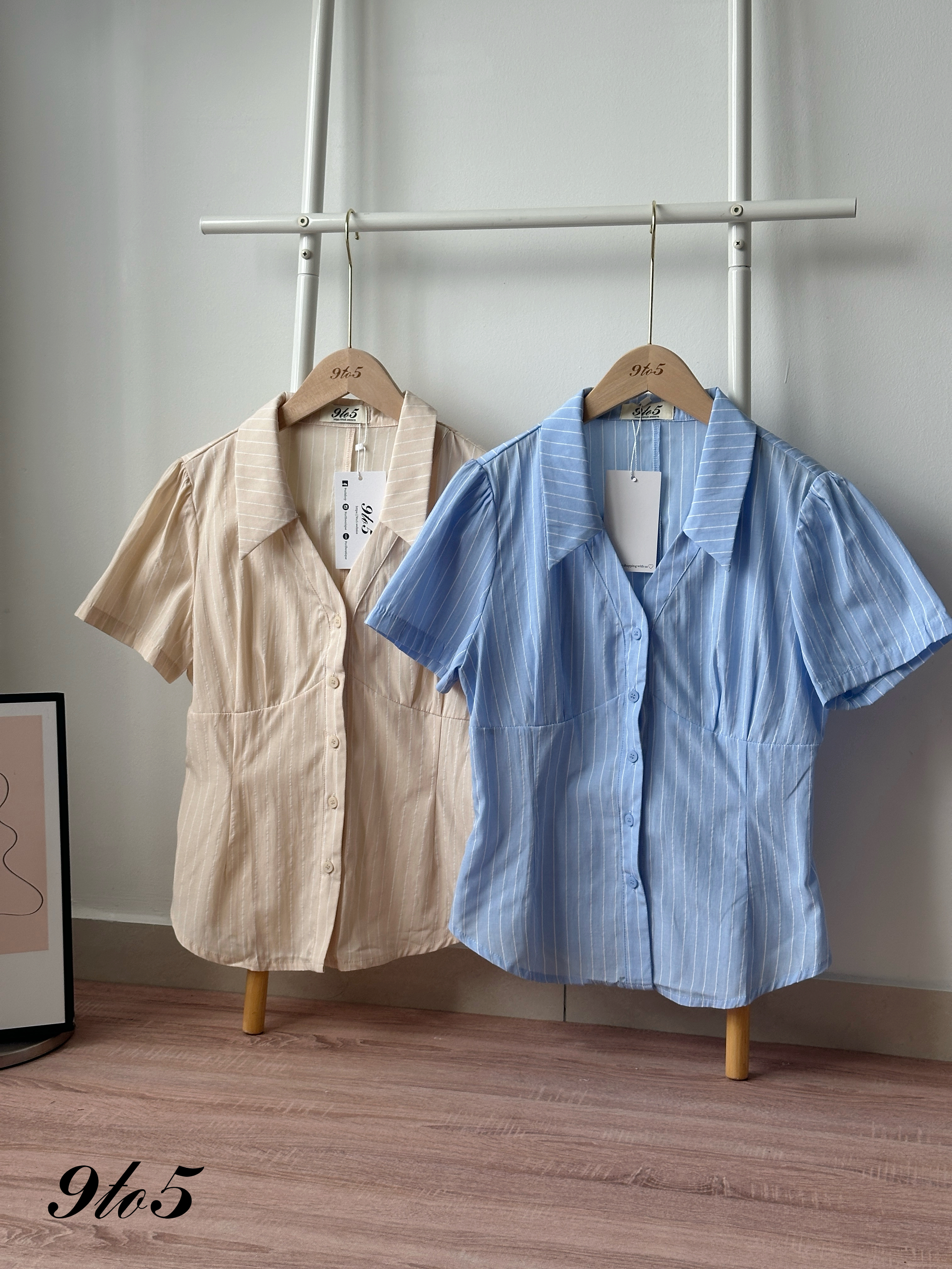 T4315 V Neck Stripe Shirt - Beige & Blue