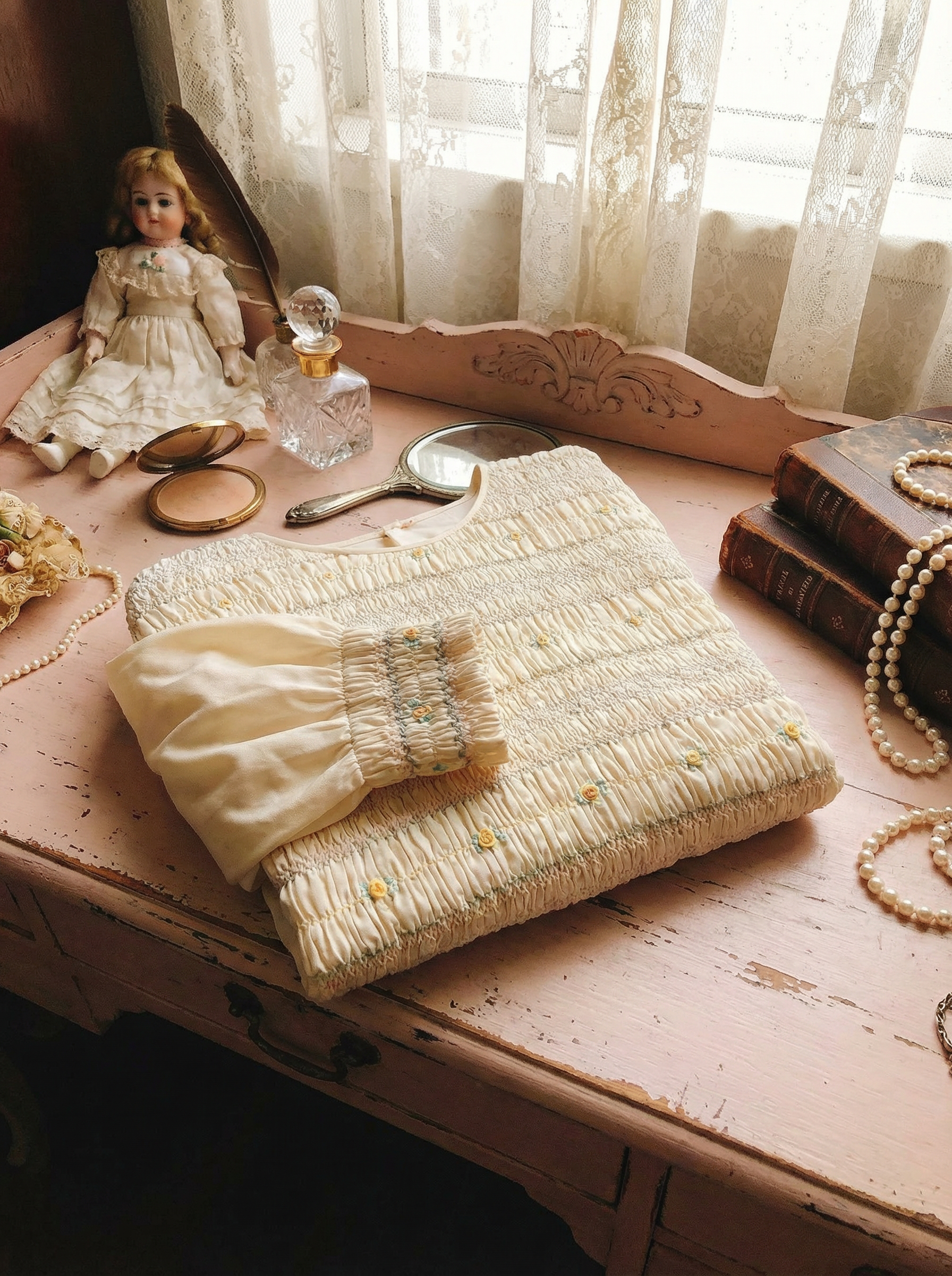 日本製維多利亞老手工刺繡縮摺小花點綴孤品