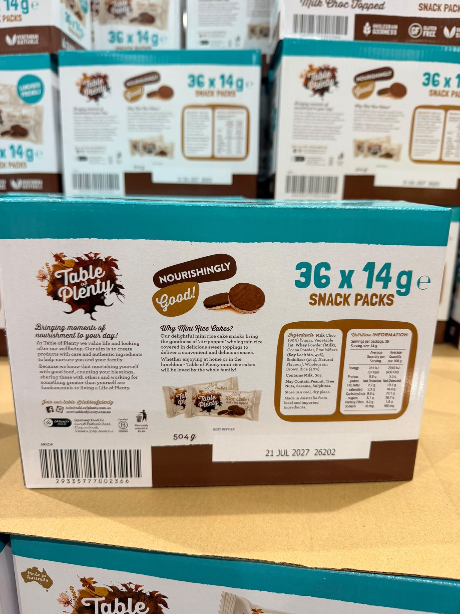 澳洲Costco  澳洲 Table of Plenty 朱古力迷你米餅 (1箱36包) 