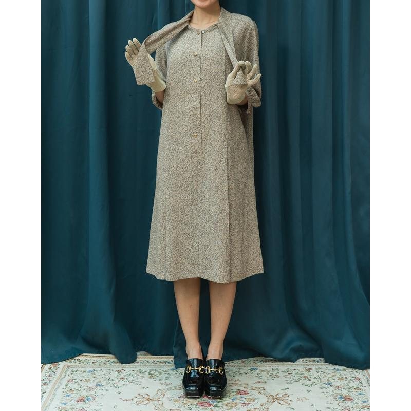 Vintage Japanese Beige Tie Collar Floral Outline Mid-Sleeve Chiffon Dress（MT1541-21)