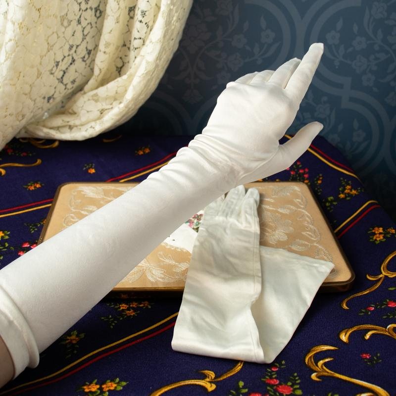 Vintage Satin Textured White Elbow Length Long Evening Gloves (CE069)