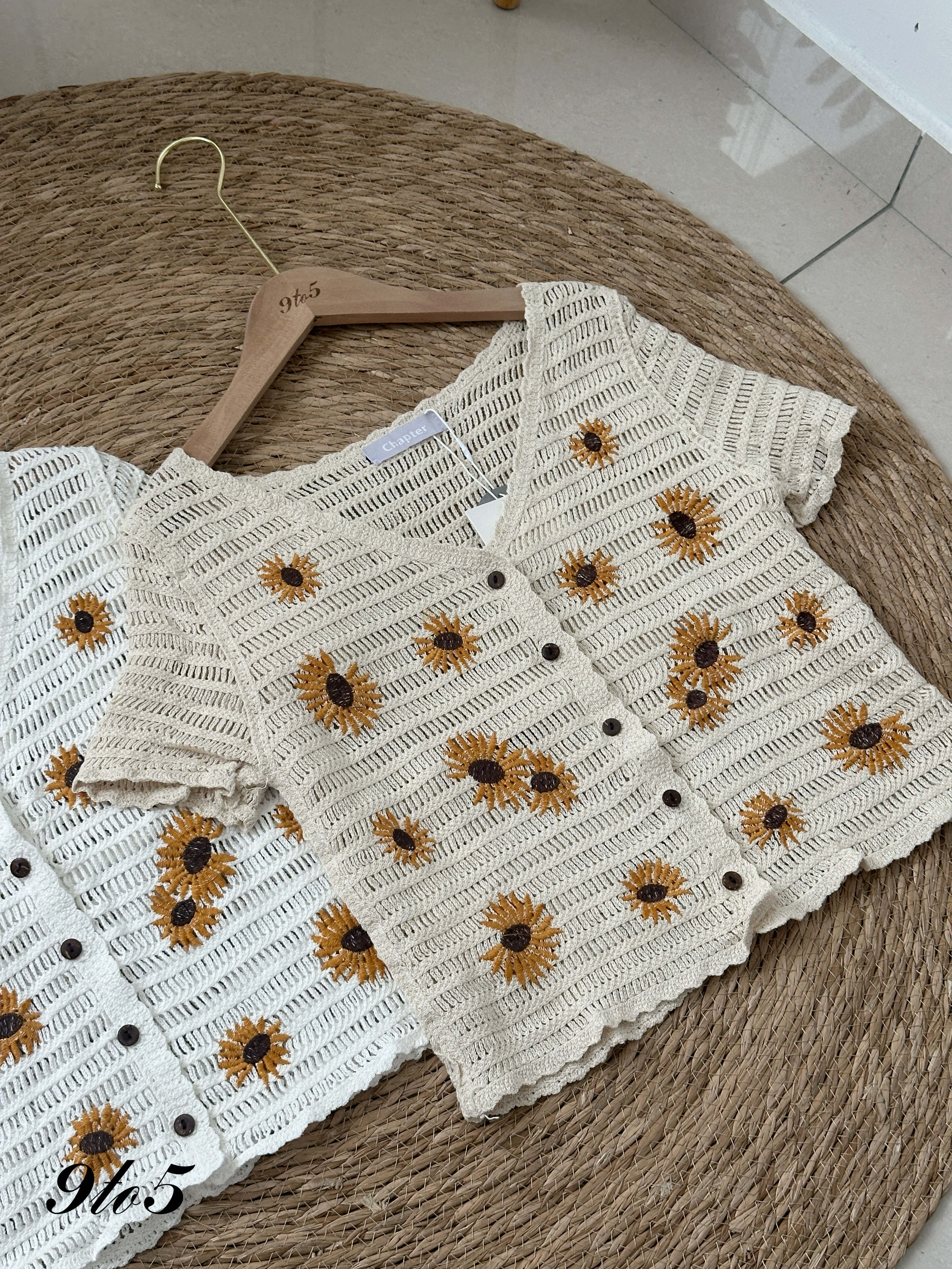 T4212 Sunflower Open-knit Cardigan - Beige & White
