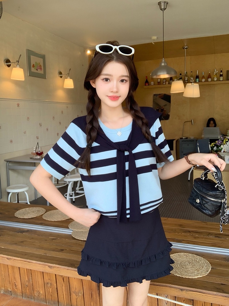 B137(72269) 韩系减龄付纯色披肩蓝撞色横纹冰丝针织蓝两件套上衣 