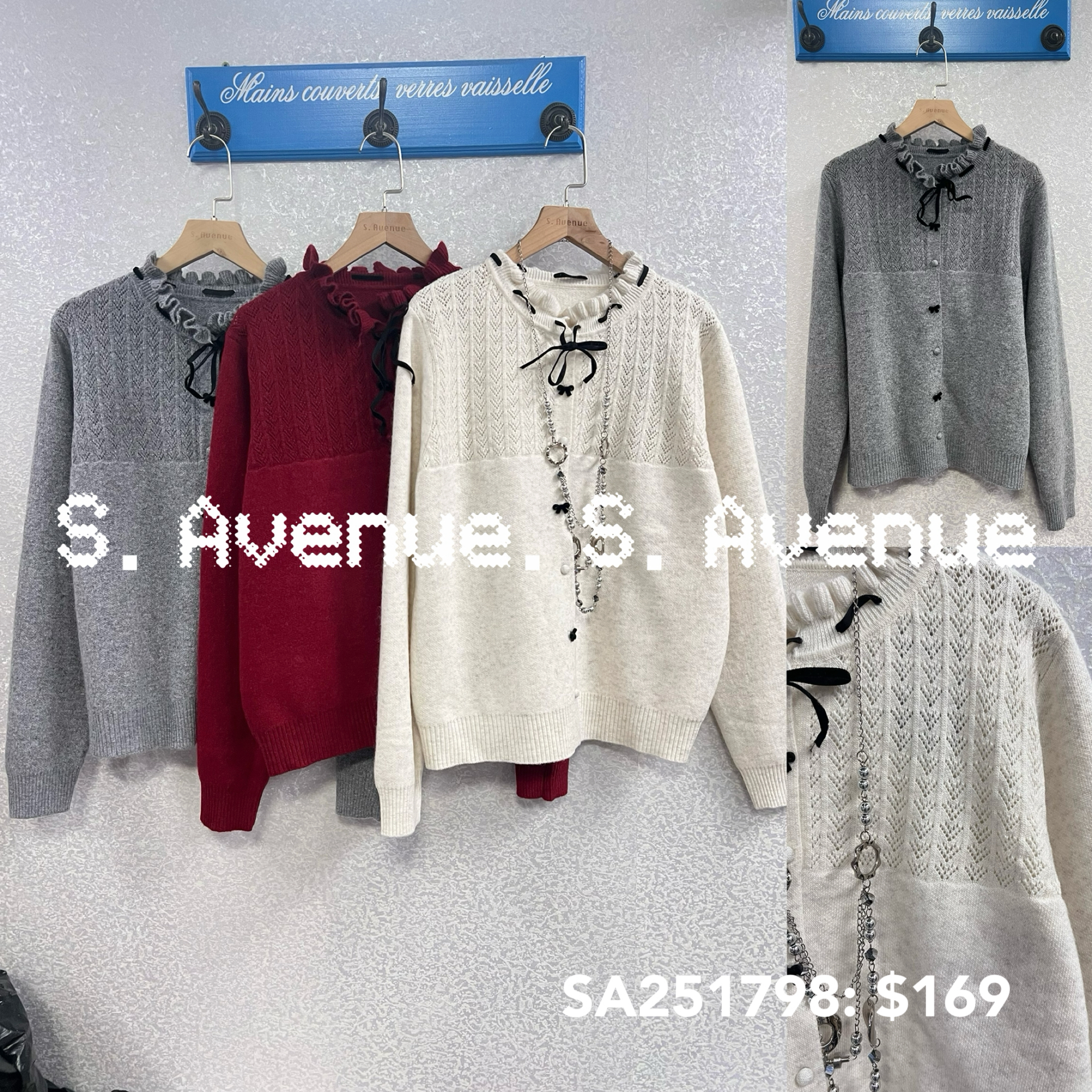 SA251798: 長袖兩著波浪邊領綁帶蝴蝶鈕top