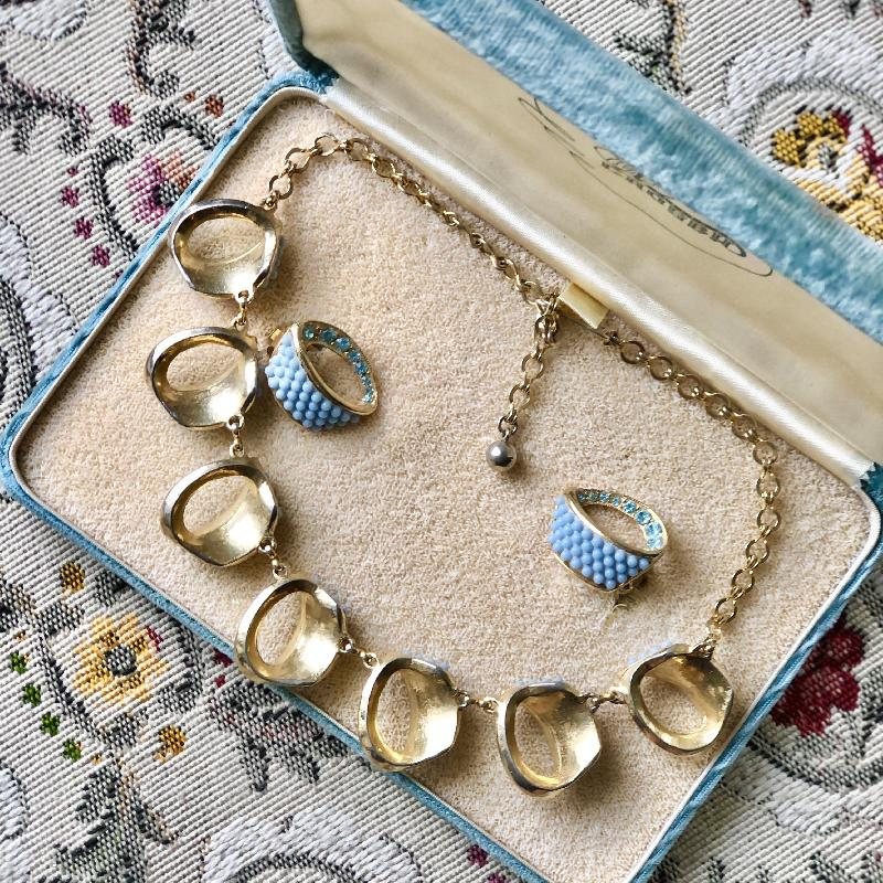 Vintage 1950-60s Styled by Crosby Baby Blue Rhinestone and Bead Necklace with Earrings Jewelry Set in Original Velvet Box(MT1730)