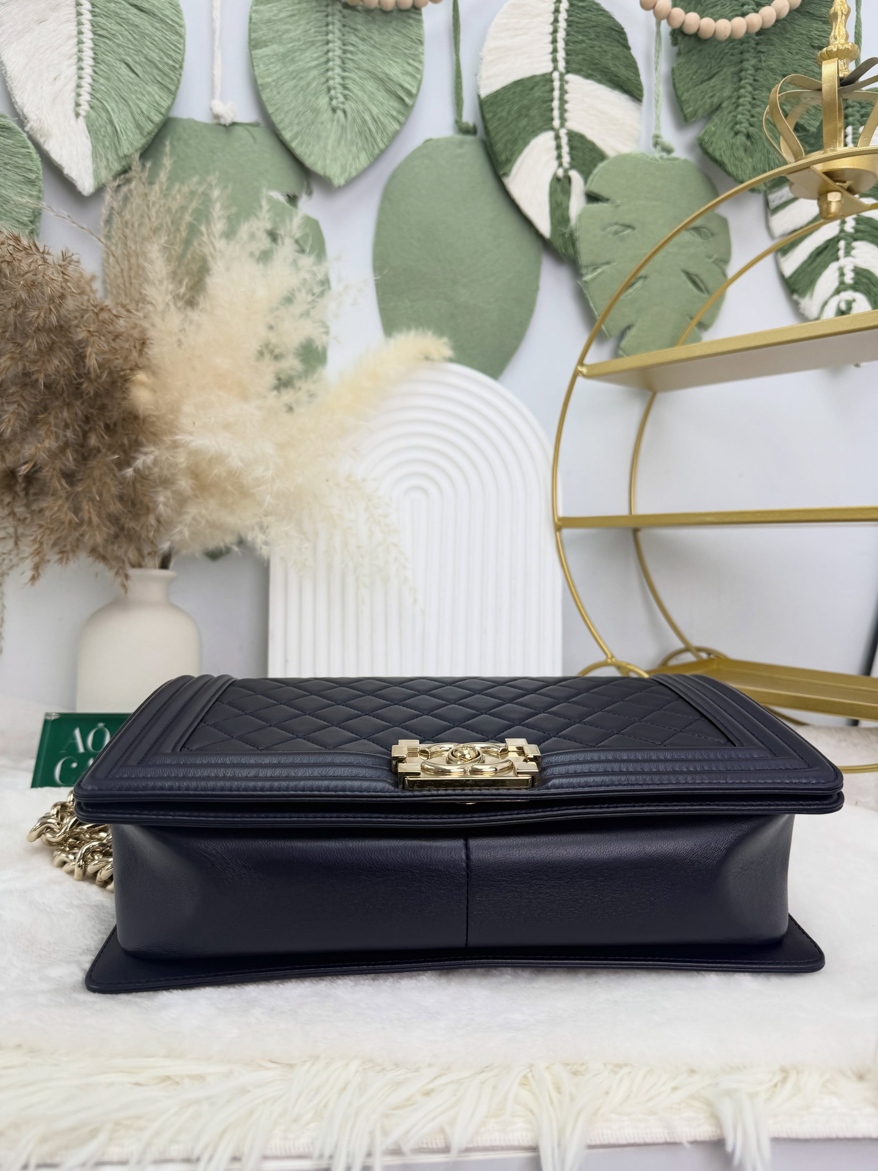 Chanel👜 PRE OWNED 🛍️藍色荔枝紋小牛皮菱格紋leboy 💙中大size 22開 有卡💼 