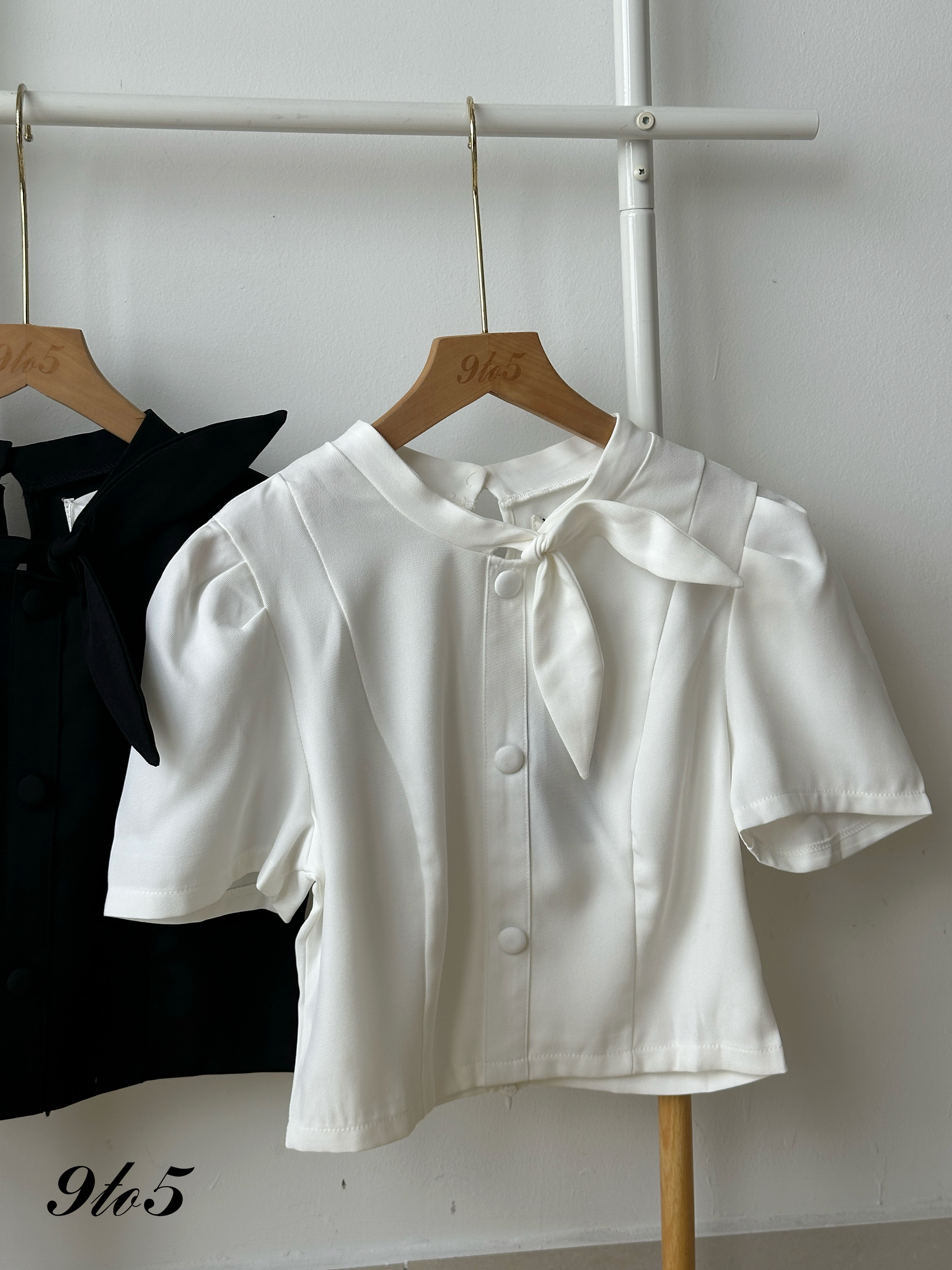 T4175 Puff Sleeve Tie Neck Top - 4 Colors 