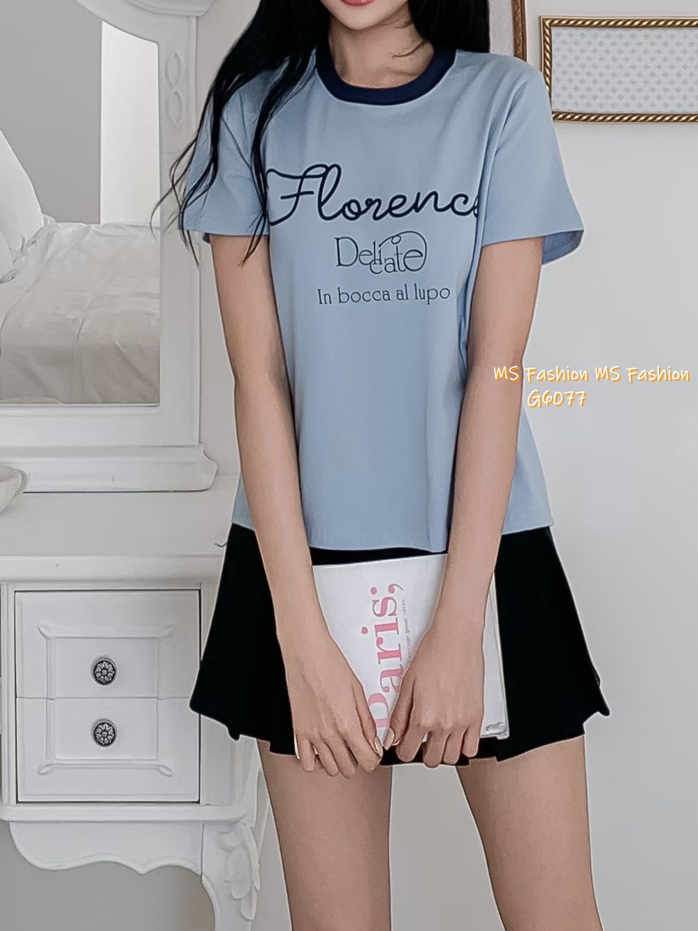 G6077 韓國🇰🇷拼色領字母tee