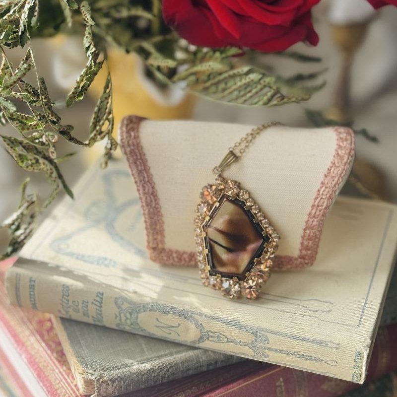 Vintage C.a. 1970s Tiger Eye Glass Asymmetrical Rhinestone Pendant Necklace from Europe (NZ045)