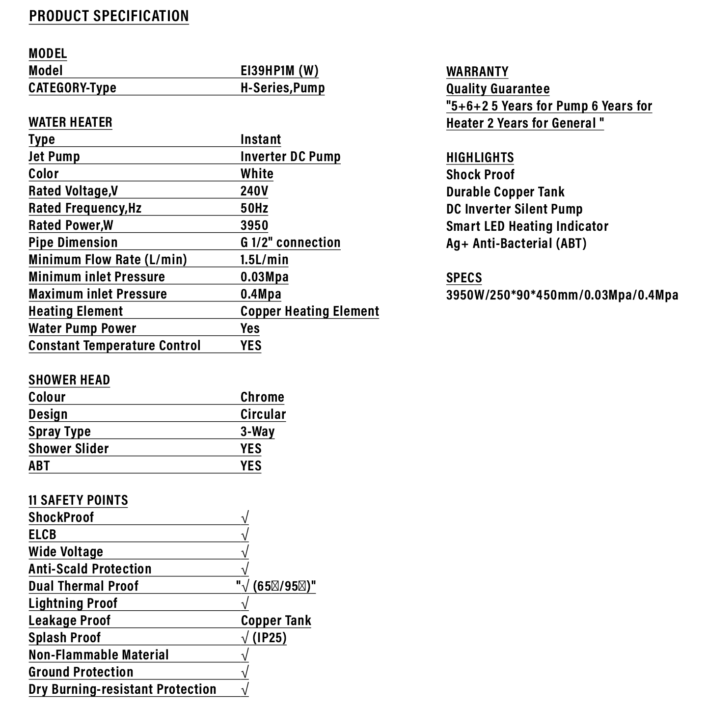 Haier 3.9kW DC Pump Water Heater (EI39HP1M)