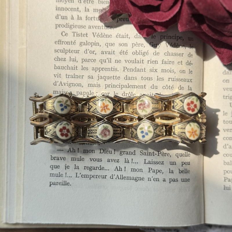 Rare! Vintage Floral Embellished Damascene Toledo Double Row Bracelet(MT2368)