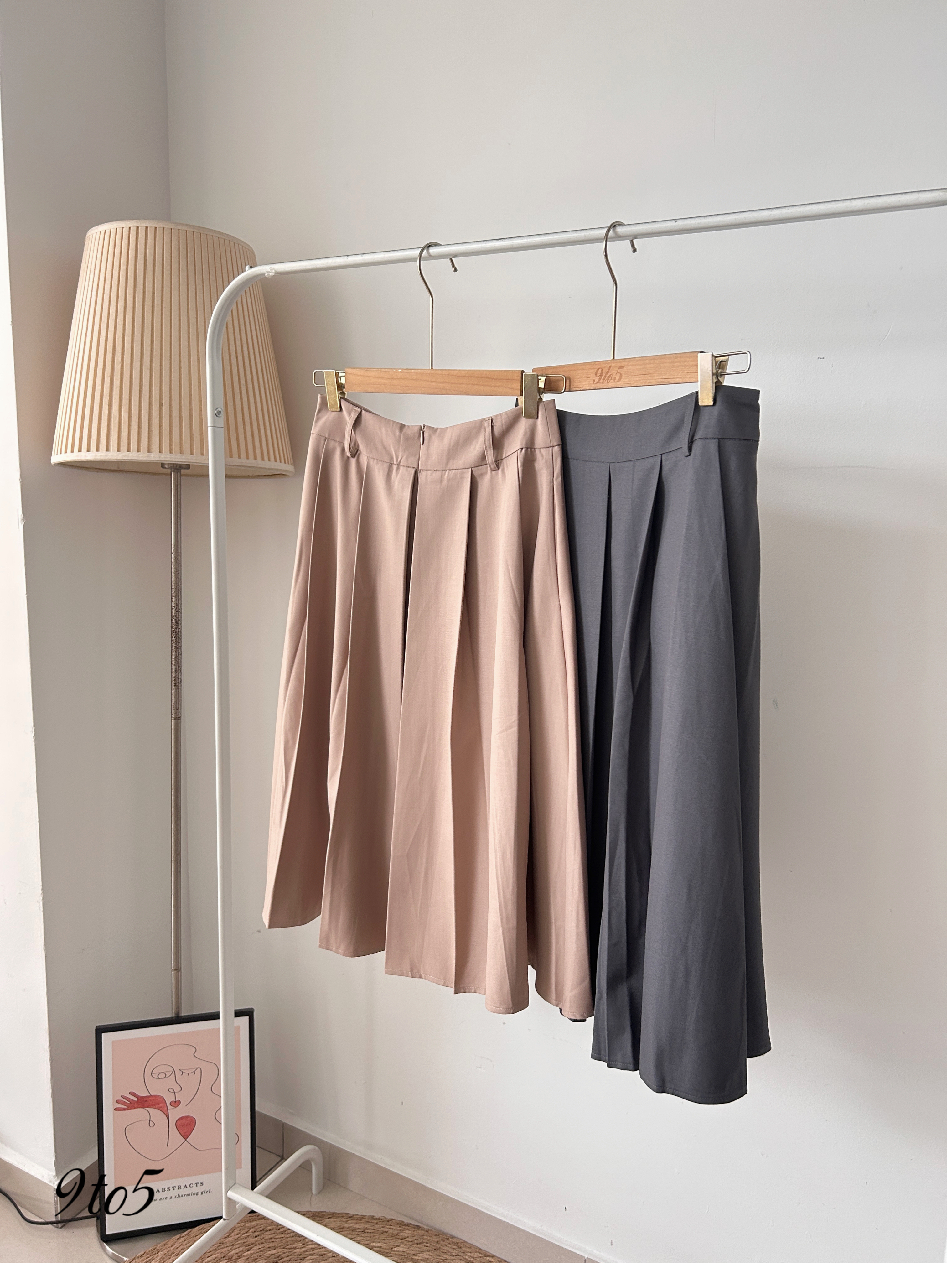 S1809 A Line Midi Skirt - Khaki & Grey